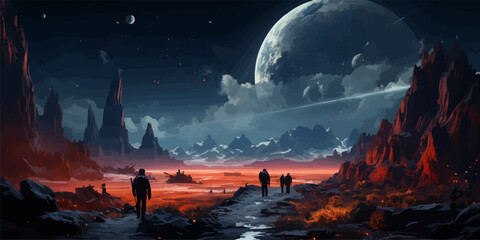 Wall Mural - the man in the hood with spear faceing the giant winter wolf, digital art style, illustration painti