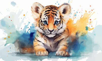 Wall Mural - Watercolor illustration tiger cub lion cub stains splashes, children's cute cartoon room decor, photo wallpaper, print, poster, wall painting