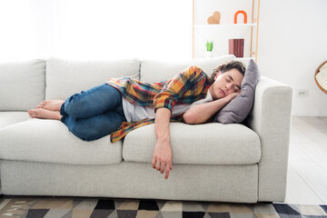 Poster - Photo of tired overworked guy dressed checkered shirt lying sofa having daydream sleep indoors house home room