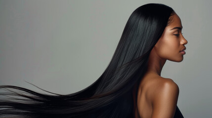  woman profiled with sleek, long, straight hair flowing to the side.