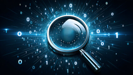 Data analysis concept with magnifying glass, digital data search, binary code investigation, information technology, cybersecurity research, virtual data inspection, digital forensic analysis