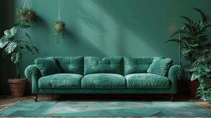Aufkleber - Green sofa and green decor on dark green background in a luxury living room mockup