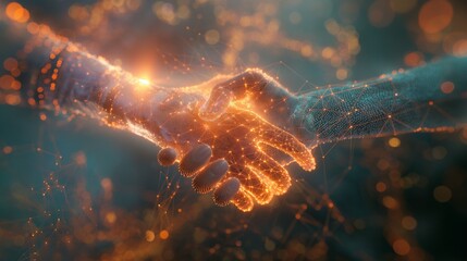 an illustration of a digital handshake that represents cybersecurity and safe transactions by connec