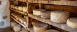 Cheese collection in a cellar of a winery in Italy or france. A cheese aging cellar with rows of cheese wheels on wooden shelves, Generative ai