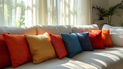 Wall Mural - In the room, there is a sofa with colorful pillows