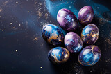 Fototapeta Koty - Eggs with texture of marble with golden spangles. Ornament with wavy fluid pattern looks like space with stars. Creative Easter greeting card with copy space on dark backdrop. 
