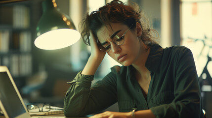 Wall Mural - young woman at a desk, appearing stressed and holding her head in her hands while looking at her laptop screen, possibly indicating frustration or exhaustion.