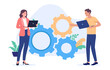 © Knut - Solving problem - Two office people, man and woman with laptop computers working with cogwheels in background. Flat design vector illustration with white background