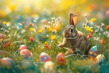 Wall Mural - Frolic in color! A charming glimpse into Easter festivities, featuring a lively bunny hopping through a picturesque meadow adorned with a profusion of vibrant, painted eggs. Generated AI