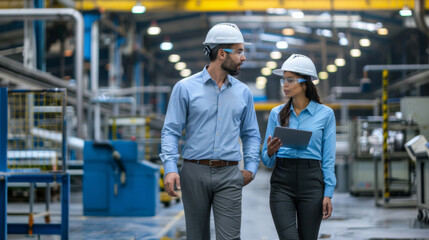 Wall Mural - Two professionals in hard hats discuss work on a tablet while walking through an industrial manufacturing facility.