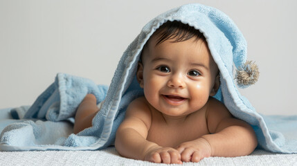 Wall Mural - A smiling baby with bright blue eyes is lying on a white surface, covered partially with a blue blanket with pompoms on the hood.