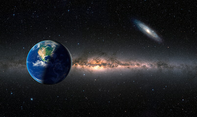 Fototapete - Day and night on Planet Earth Milky way and Andromeda galaxy in the background. Elements of this image furnished by NASA