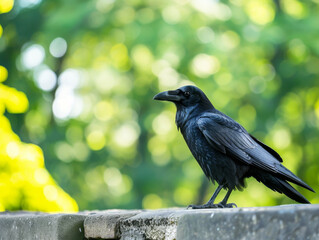 Wall Mural - Black crow stands on a rock in forest wilderness.