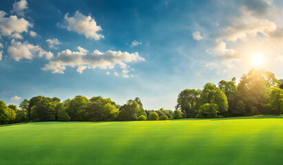 Wall Mural - wide lawn trimmed with precision under a blue sunny sky