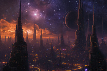Wall Mural - view of an alien cityscape under a starry sky.