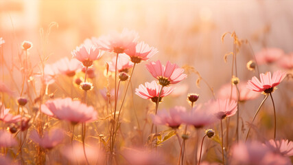  Pink cosmos flowers blooming in the garden at sunset, vintage tone