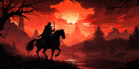 The knight with spear riding a horse through the fire forest, digital art style, illustration painting -