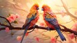 A pair of lovebirds with colorful wings perched on a dry tree branch in the forest background