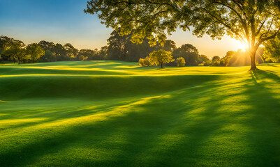 Wall Mural - wide lawn trimmed with precision under a sunset sky