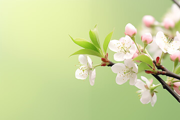 Wall Mural - Blossoming cherry branch on green background with copy space