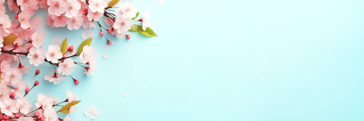 Wall Mural - Cherry blossoms on blue background banner with copy space. Panoramic web header. Wide screen wallpaper
