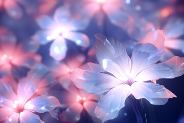 Wall Mural - Glowing flowers in surreal blue and pink neon lights