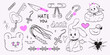 Set of bdsm doodles and retro badges with cute evil animals collage. Graffiti or tattoo handdrawn marker, wax crayon or brush paint sticker or emblem. Punk rock collection with emo, goth elements.