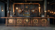 Steampunk inspired reception front desk design with brass pipes and vintage gauges