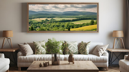 Wall Mural - modern living room with white sofa and frames 