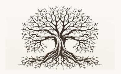 Tree of life with leaves, vector illustration tree with roots outline line drawing
