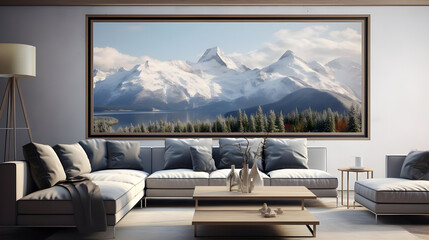 Wall Mural - modern living room with sofa and frames.