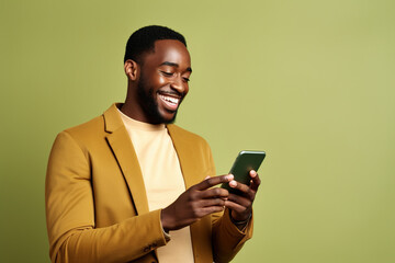 Wall Mural - Happy African American Man with phone on Olive studio background