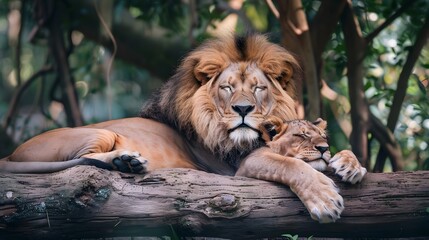 Wall Mural - This proud male aftican lion is cuddled by his cub during an affectionate moment.