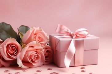 Wall Mural - valentines day card, rose and gift on a pink background