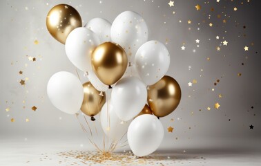 Canvas Print - white and gold balloons with stars and confetti