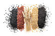 Food set consisting of black, red and white seeds such as wheat, corn, isolated on a transparent white background.
