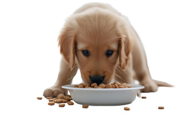 Dog eats dry food from a bowl Puppy eating food isolated on transparent background.