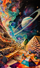 Wall Mural - surreal cosmic collage with planets, stars, nebulas and galaxies, far alien world in style of abstract, dreamlike colorful universe 