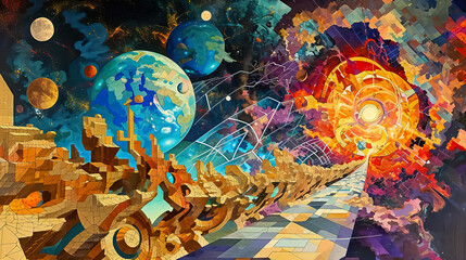 Sticker - surreal cosmic collage with planets, stars, nebulas and galaxies, far alien world in style of abstract, dreamlike colorful universe 