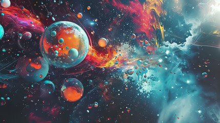 surreal cosmic collage with planets, stars, nebulas and galaxies, far alien world in style of abstra