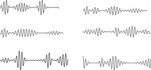 Sound waves collection. High frequency radio wave. Music equalizer. Interference voice recording. Sound wave set. Sound waves, Equalizer, Audio waves, Radio signal. Podcast Equalizer template. Vector 