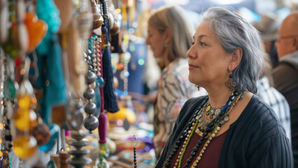 Attendees exploring vibrant booths filled with unique, handcrafted jewelry and decor at an Artisan Exhibition