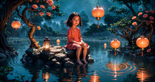 A Young Girl Perched On A Rock Amidst A Tranquil Pond, Enveloped By The Soft Glow Of Lanterns And Blooming Flowers.
