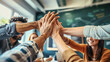 © Immersive Dimension - Different People Doing Hi Five During Meeting Room. Team Success Celebration in Creative Workspace