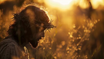 Wall Mural - jesus wears gold crown on his head while he gazes at the sunset Generative AI