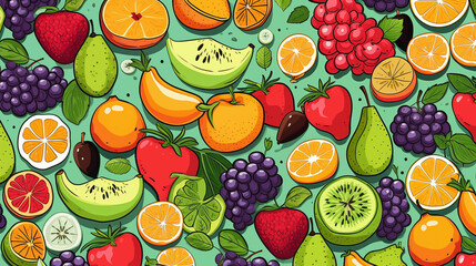 Wall Mural - Pattern fruits and vegetables on black background. Generative AI