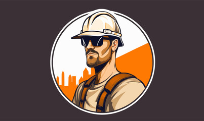 Contractor construction builder worker wearing a hard hat and sunglasses logo design illustration