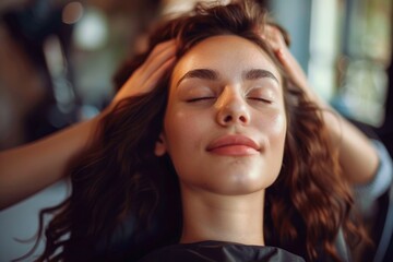 Poster - Beautiful young woman receiving massage of head in beauty salon