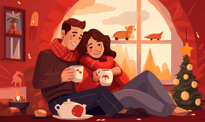 cosy couple at home winter new year isolated vector style on isolated background illustration