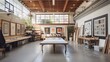 Industrial design studio with drafting tables and prototyping workshops, large, scale workplace design